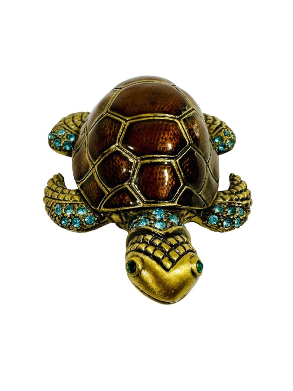 Turtle Trinket Box With Jeweled Accents & Hinged Lid Enamel Pewter